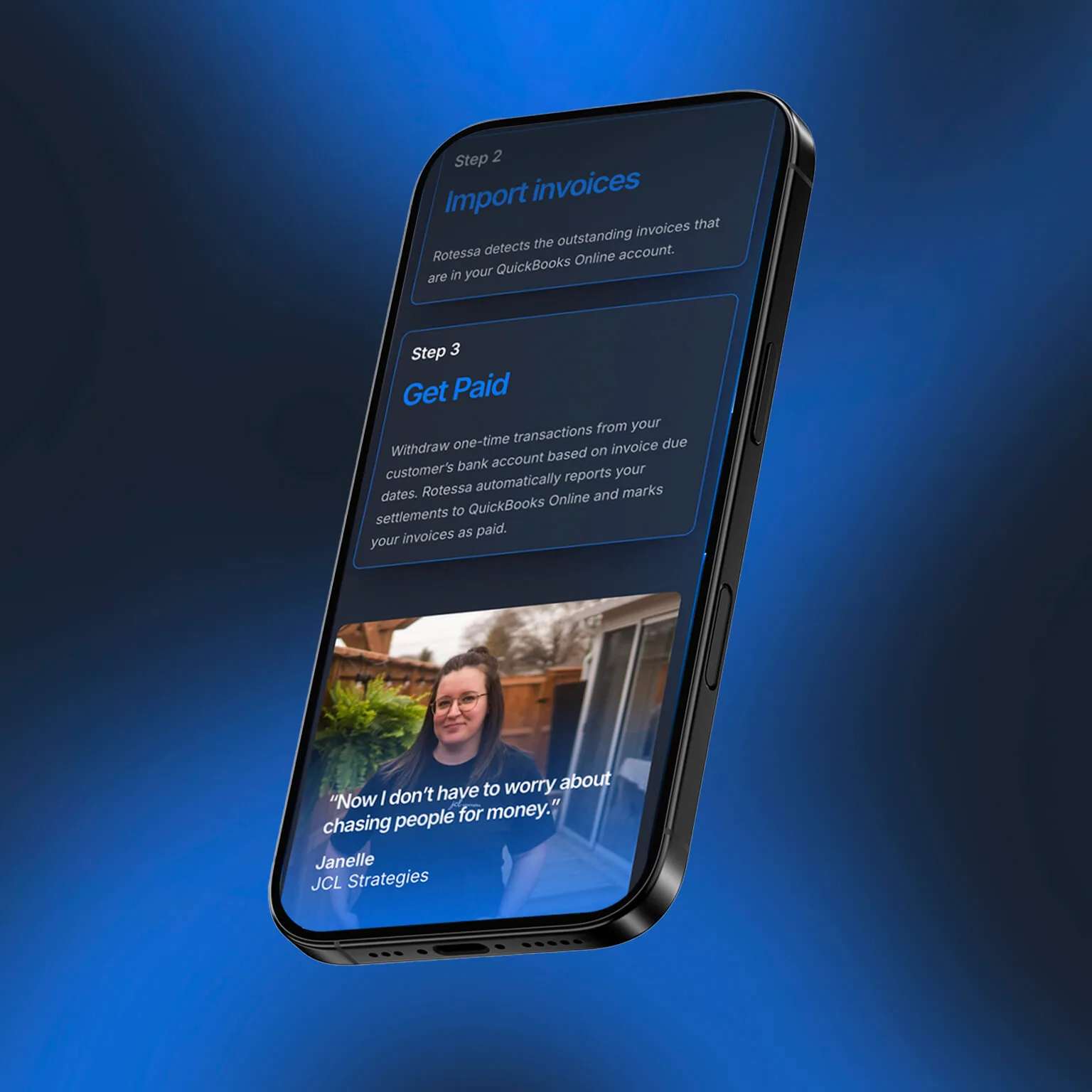 JCL Strategies testimonial displayed on mobile design by Chez Koop – Steinbach Manitoba graphic design studio