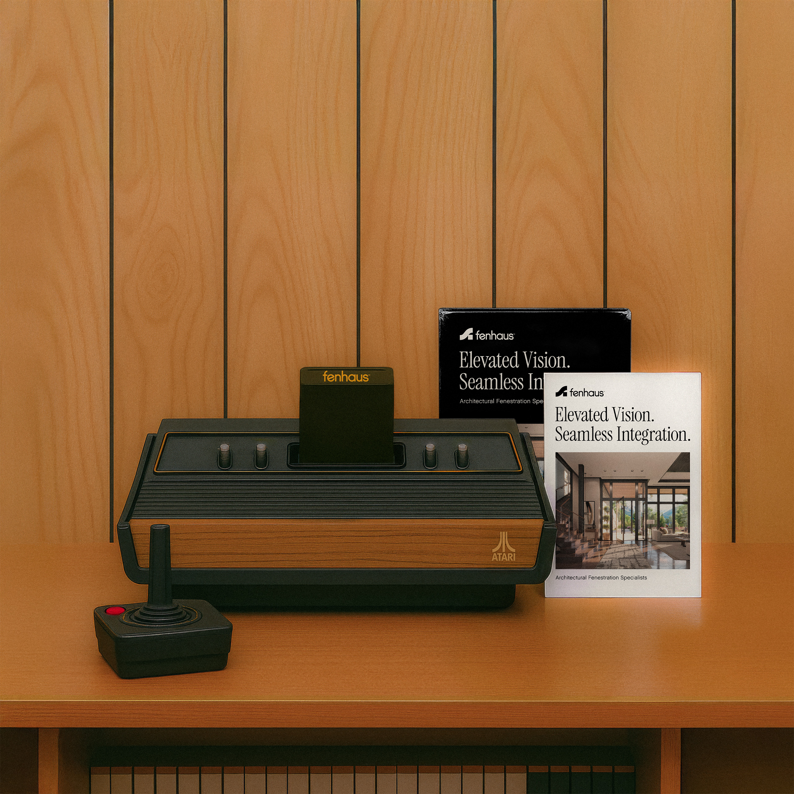 Vintage Atari console with branding materials for fenhaus – graphic design inspiration by Chez Koop, Steinbach Manitoba