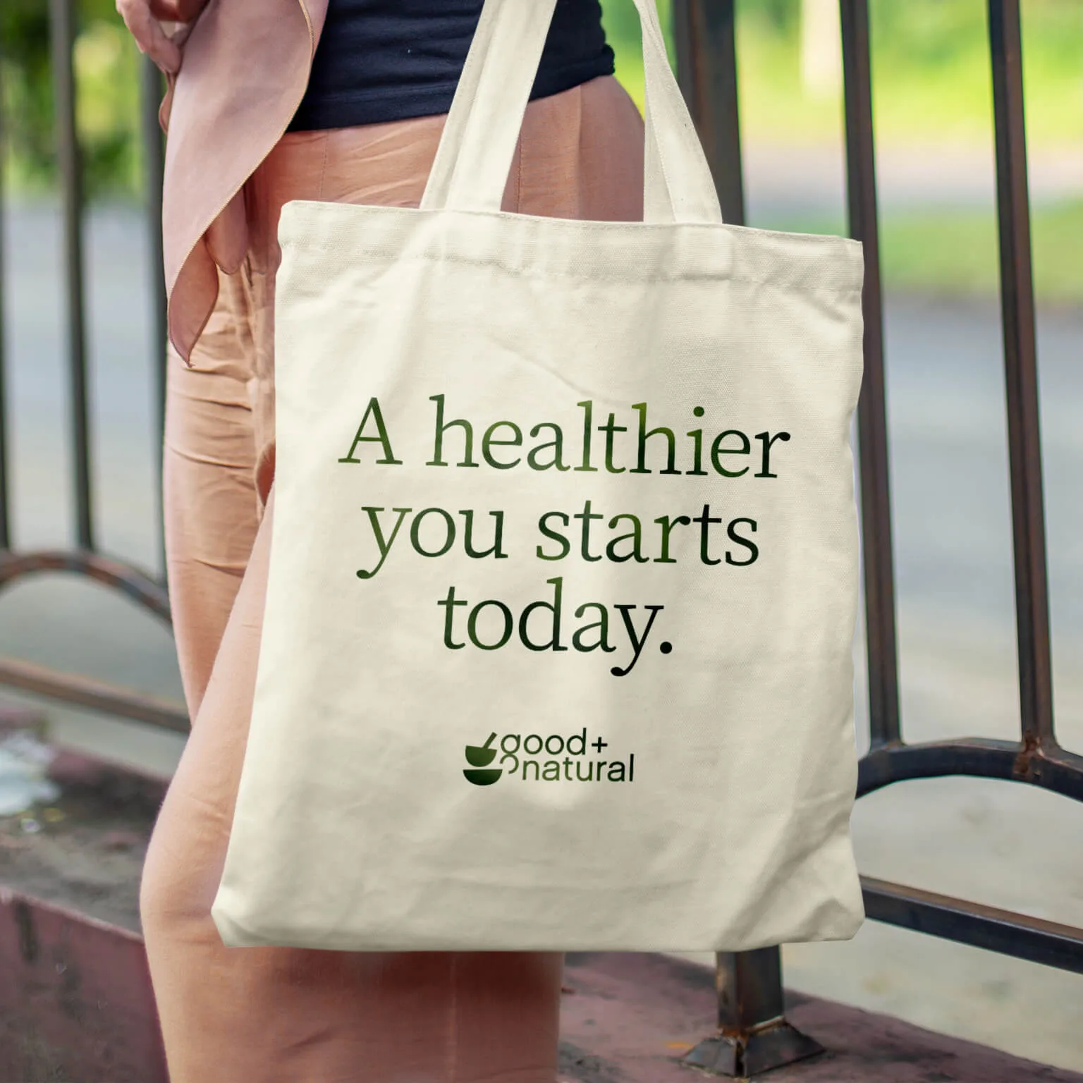 Tote bag design featuring 'A healthier you starts today' by Chez Koop – Manitoba graphic design studio